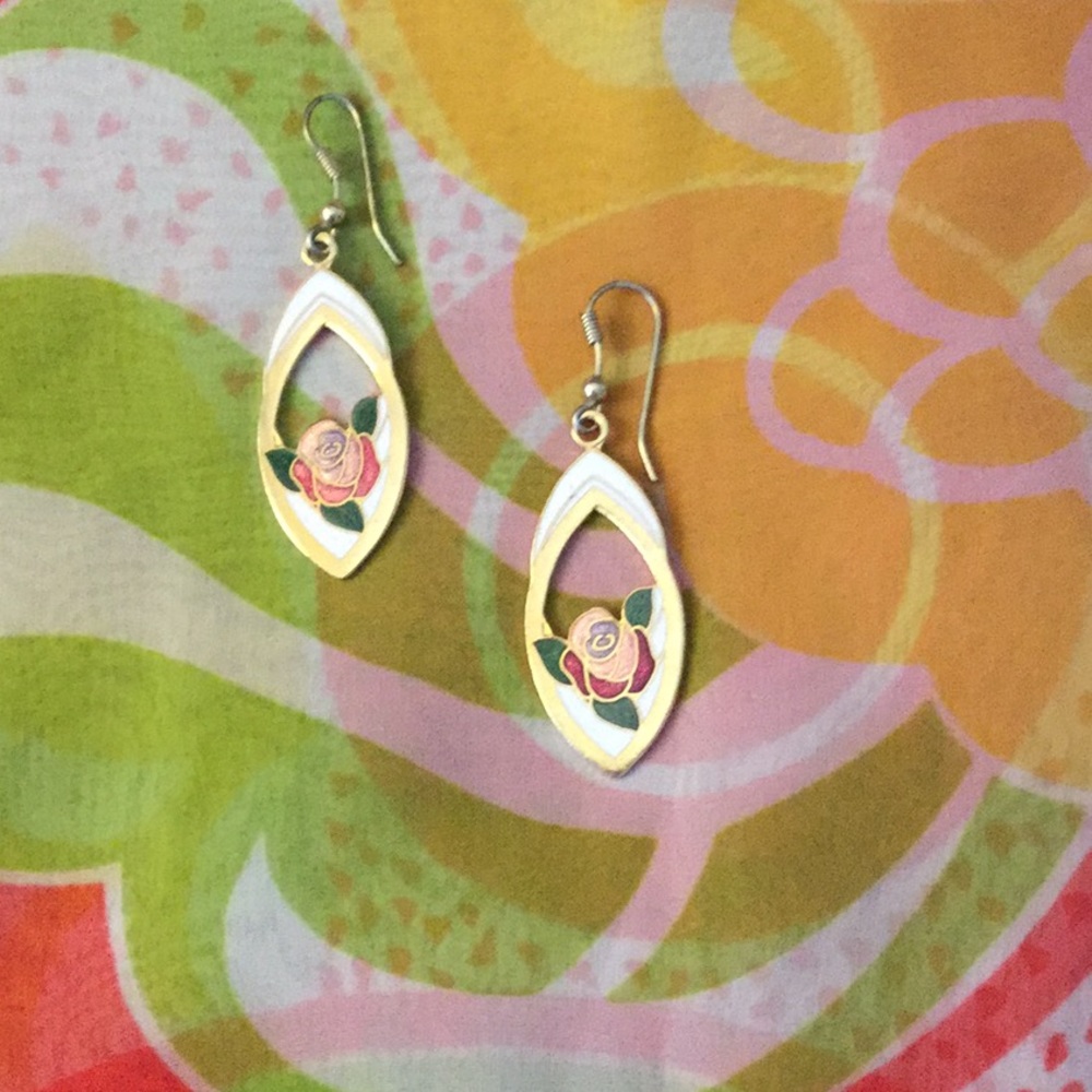 Vintage Boho 70s Cloisonné Floral Dangle Earrings - Picture 2 of 3
